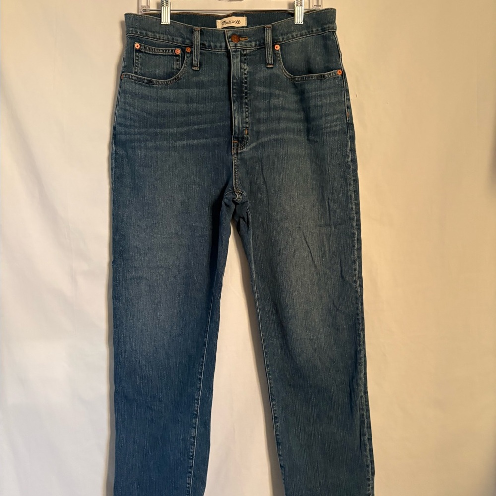 Madewell Straight Leg Jeans Medium Wash Leather Patch